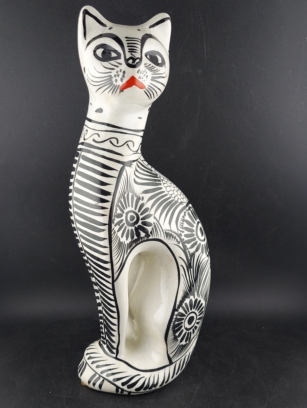 Mexican Cat Piggy Bank Hand-Painted White & Black Ceramic Cat Figurine